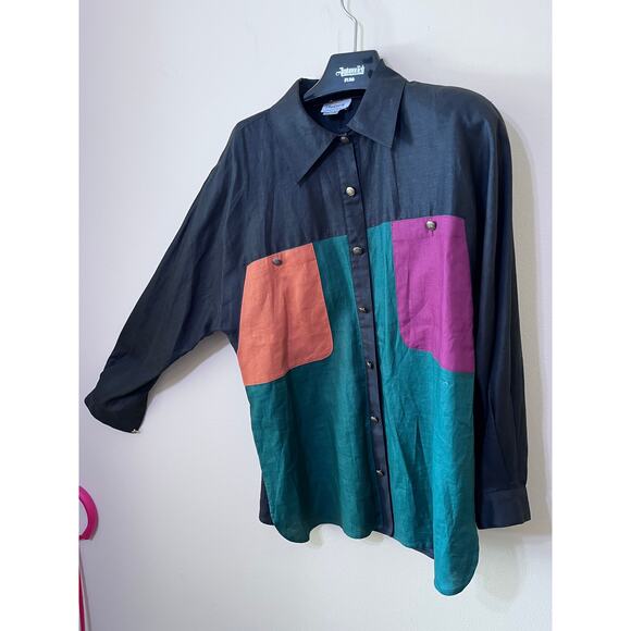 VTG Ole Cassidy Blouse   Black Color-block linen Shirt Sz14 Button Front  NWOT - Picture 3 of 7
